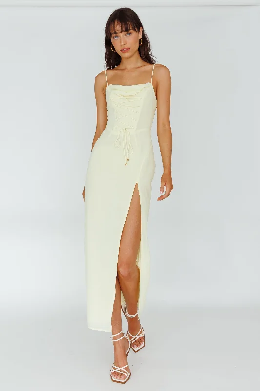 Don't Wait Ryanna Laced Bodice Split Midi Dress Yellow