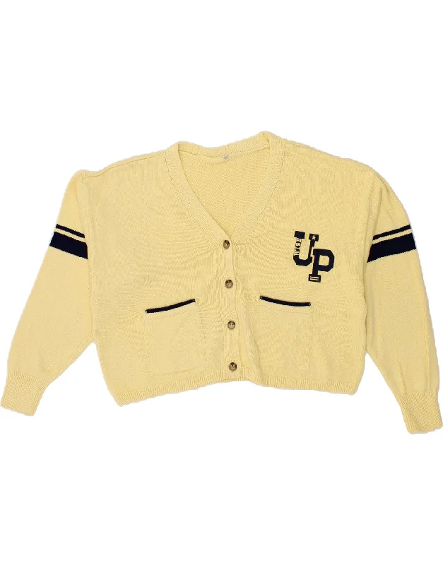Limited Stock VINTAGE Womens Graphic Crop Cardigan Sweater UK 16 Large Yellow Striped Limited Stock VINTAGE Womens Graphic Crop Cardigan Sweater UK 16 Large Yellow Striped
