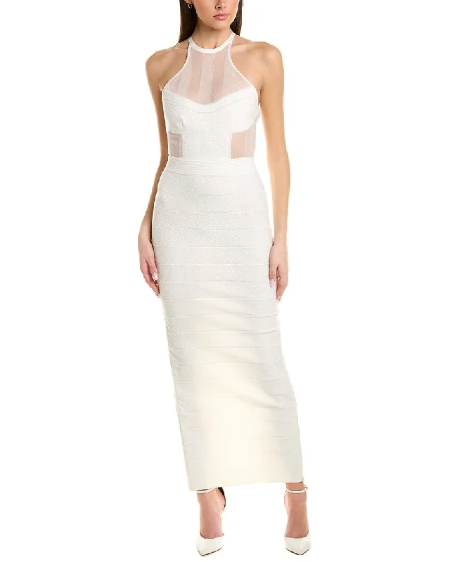 Limited Quantity Herve Leger Lace Texture Sheer Halter Gown