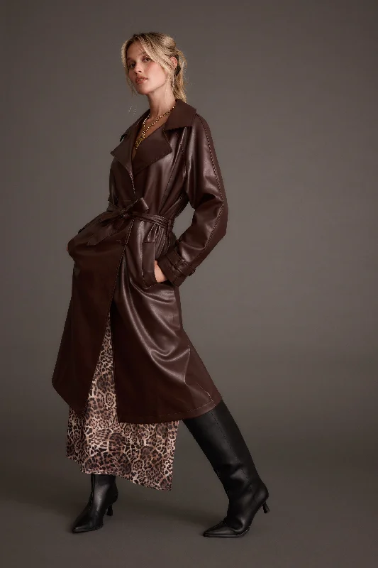 Markdowns Brynne Faux Leather Mahogany Brown Trench