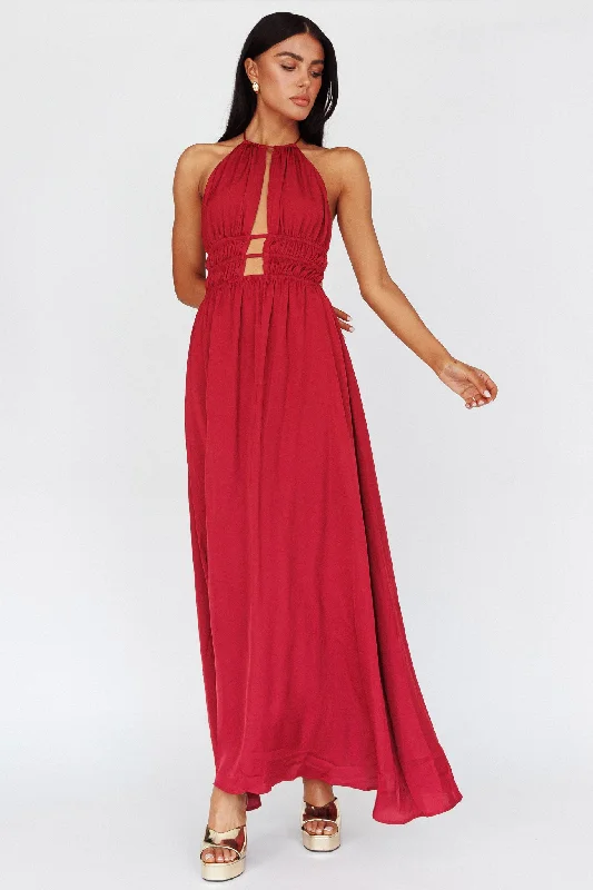 Clearance Sale Cyndi Open Back Halterneck Maxi Dress Wine