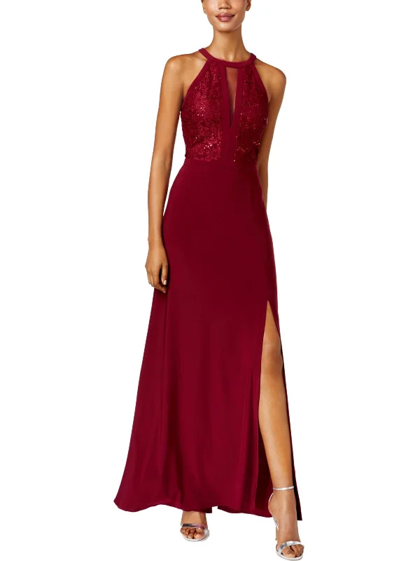 Early Access Womens Floral Lace Sparkle Halter Dress