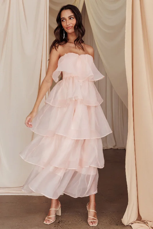 Price Smash Behati Tiered Layer Midi Dress Pink