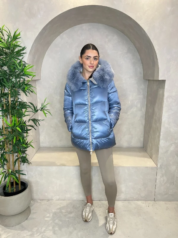 Deal Dash Powder Blue Faux Fur Hood Puffer Jacket