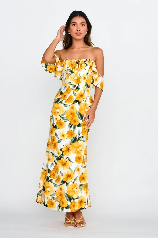 Deep Discounts New Era Off Shoulder Maxi Dress Floral Yellow