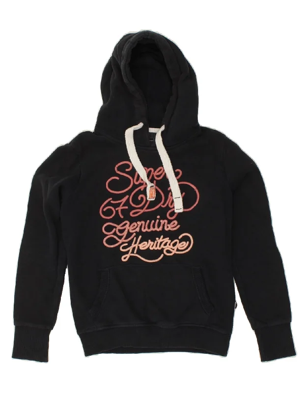 New Arrival SUPERDRY Womens Graphic Hoodie Jumper UK 10 Small  Navy Blue Cotton