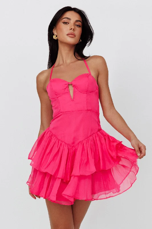 Super Deal Tuscan Summer Flounce Mini Dress Hot Pink